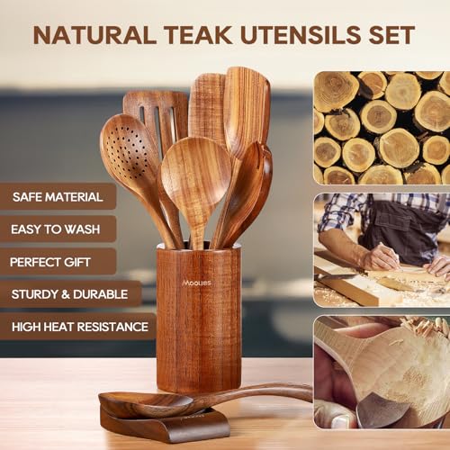 Mooues Wooden Kitchen Utensil Set, 9 Piece Natural Teak with Spoon Rest | Wooden Cooking Utensils with Comfort Grip, Smooth Durable Heat Resistant Cooking Spoons and Utensils Holder for Cooking - size: 9 PCS Set