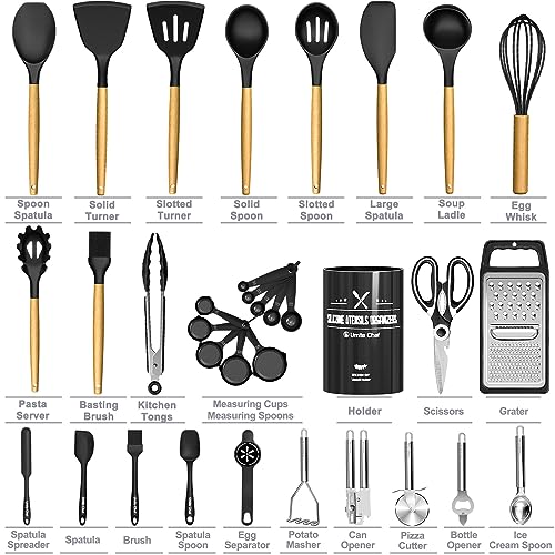 Kitchen Utensils Set- 34PCS Silicone Cooking Utensil with Holder, Umite Chef Heat Resistant Kitchen Spatula Set for Nonstick Cookware, Black Wooden Handles Kitchen Gadgets Tools Set - color: Black