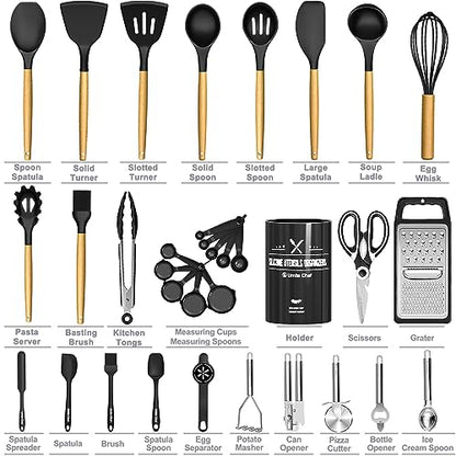 Kitchen Utensils Set- 34PCS Silicone Cooking Utensil with Holder, Umite Chef Heat Resistant Kitchen Spatula Set for Nonstick Cookware, Black Wooden Handles Kitchen Gadgets Tools Set - color: Black