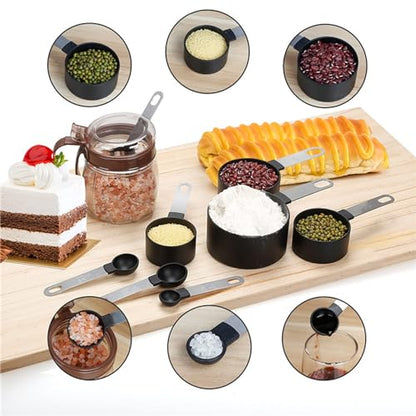 8 PCS Tainless Steel Measuring Cups and Spoons Set, Nesting Measuring Cup and Spoon Set for Precise Cooking Measurements in the Kitchen, Black - color: Black
