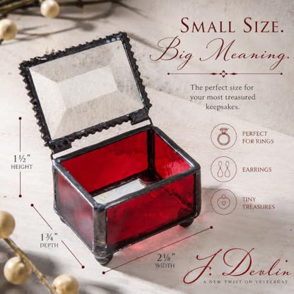J Devlin Red Glass Ring Box Small Keepsake Trinket Box Beveled Lid | Small red glass ring box with beveled lid for rings earrings charms and treasured keepsakes - color: Red