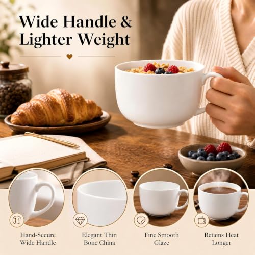 Large Soup Mugs with Handles Set of 4, 25 Oz, White | Fine Bone China, Coffee Mugs, Microwave Safe, For Coffee, Tea, Cereal, Ice Cream, Housewarming Wedding Gift - color: 4Pcs Blank
