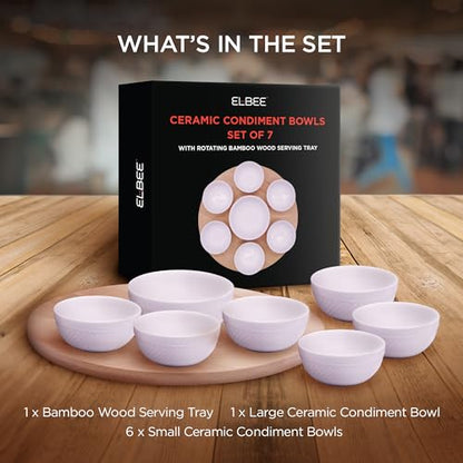Rotating Bamboo Serving Tray with 6 Small Ceramic Condiment Bowls and 1 Larger Center Bowl - Lazy Susan Style Elegant Serving Set for Dips, Snacks, Appetizers, and More