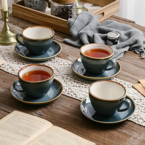 SHUER Ceramic Cappuccino Cup Set of 4, 11.2 OZ Cups and Saucers Set,Coffee Mocha Cup Sets,Black Coffee Cups and Glaze Americano Mug Great for Party and Low Tea Time (Blue 320ml) - size: Large(320ml)