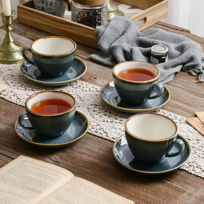 SHUER Ceramic Cappuccino Cup Set of 4, 11.2 OZ Cups and Saucers Set,Coffee Mocha Cup Sets,Black Coffee Cups and Glaze Americano Mug Great for Party and Low Tea Time (Blue 320ml) - size: Large(320ml)