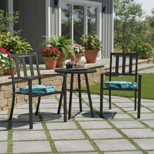 Set of 2 Outdoor 18 inch Round Patio Dining Chair Pads – Comfortable Fiber-Filled Seat Cushions with Ties, Reversible Polyester Fabric, Botanical Crestwood - color: Botanical Crestwood