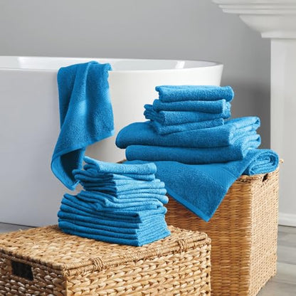 24-Piece Set of Towels, Lightweight 380 GSM Cotton Towels, Quick Drying, Absorbent Hand Towels, Fingertip Towels, Bath Towels, & Washcloths, Blue - color: Blue