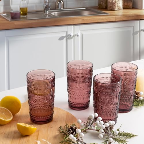 Purple Drinking Glasses Vintage Glassware Set Ribbed Water Glass Cups | Embossed Sunflower Highball, 6 Pack, 16 oz Glassware Set, Housewarming Gifts