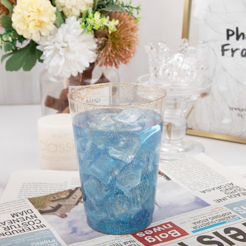 I00000 100 Pack 12 oz Gold Glitter Cups, Premium Clear Disposable Gold Cups | Gold Plastic Wine Glasses, Cocktail Glasses, Heavy Duty, Elegant Glitter Plastic Tumblers for Birthday, Wedding & Party - color: Glitter-12oz-100