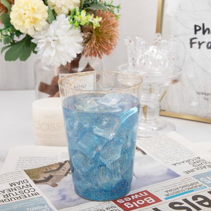 I00000 100 Pack 12 oz Gold Glitter Cups, Premium Clear Disposable Gold Cups | Gold Plastic Wine Glasses, Cocktail Glasses, Heavy Duty, Elegant Glitter Plastic Tumblers for Birthday, Wedding & Party - color: Glitter-12oz-100