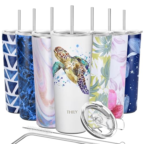 THILY Stainless Steel Vacuum Insulated Tumbler Travel Mug 26 oz Coffee Cup with 2 Lids and Straws, Splash Proof, Keep Ice Drinks Cold, Sea Turtle - color: Sea Turtle, size: 26 Ounce (Pack of 1)