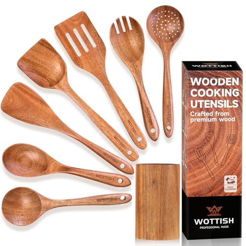 Wooden Spoons for Cooking - 8-Piece Wooden Kitchen Utensil Set made of Natural Solid Wood Material-Includes Spoons,Spatulas,Ladles,Mixing Spoon and Utensil Holder,Valentine's Day Gifts