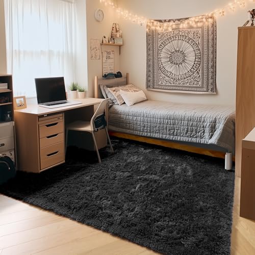 Black Rugs for Bedroom, 3x5 Fluffy Bedside Small Area Rug, Soft Plush Fuzzy Shaggy Indoor Floor Carpet for Living Room Nursery College Dorm Teen Kids Girls Boys Home Decor Aesthetic - color: Black, size: 3' x 5' (Rectangular)
