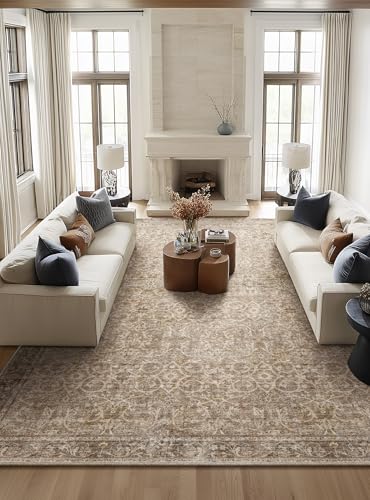 Machine Washable Rugs for Living Room: 10x14 Area Rugs for Bedroom | Ultra Soft,Non-Slip,Low Pile,Vintage Distress,Boho,Large,Carpet,High-Traffic,Dining Room,Nursery Room,Farmhouse Decor - color: Brown/Camel/Multi, size: 10' x 14' (Rectangular)