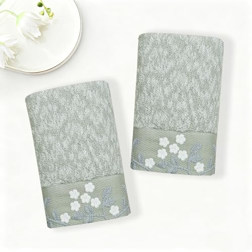 Light Green Floral Towels Set Embroidered Super Soft Cotton Hand Towels Quick Drying Decorative Bathroom Towels for Shower Spa Guest Daily Decor, 13x27 Inch - color: Green Emdroidered Floral