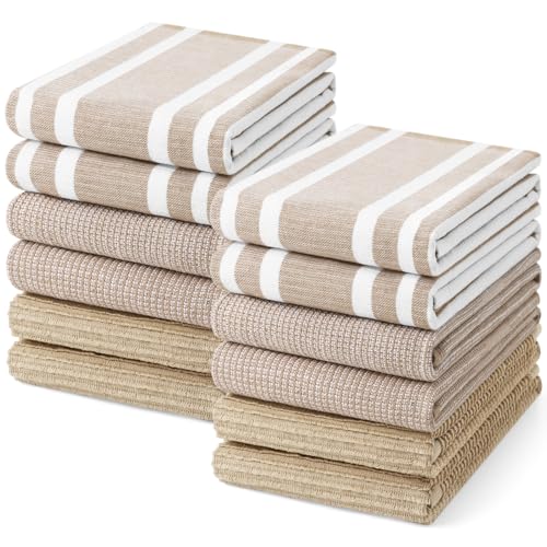Homaxy Cotton 380 GSM Premium Kitchen Towels, 18"x 28", 12 Pack, Khaki | Soft and Absorbent Terry Dish Towels, Multipurpose Tea Towel Set with Hanging Loop, 3 Styles Kitchen Hand Towels - color: Khaki, size: 18" X 28" - 12 Pack