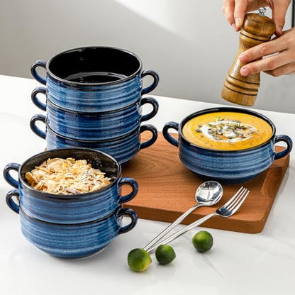 HASENSE French Onion Soup Bowls with Handles, 20 Oz Ceramic Soup Bowls Set of 6, Stackable Serving Bowls for Chili, Stew & Pot Pies, Microwave Dishwasher Safe, Blue Farmhouse Kitchenware - color: Blue, size: Set of 6