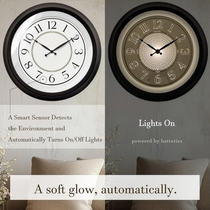 18" Galaxy Large Illuminated Atomic Analog Wall Clock | Battery Operated, Night Light Wall Clock with Smart Sensor, Accurate & Easy to Read for Living Room, Kitchen & Home Office - color: Oil Rubbed Bronze