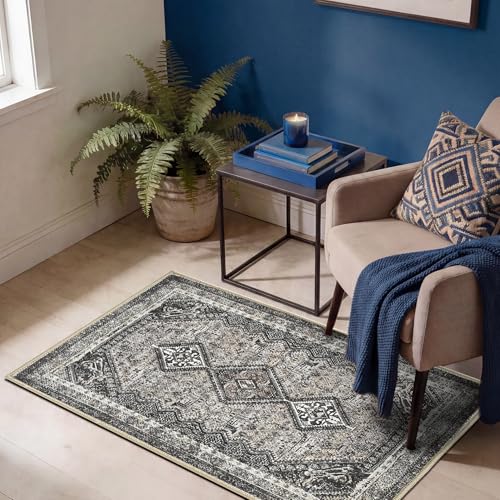 Keen Home Design 2x3 Rug - Machine Washable Entry Rug with Non-Slip Backing, Ideal for Enteryway, Kitchen, Bathroom, Laundry Room - Vintage, Easy Clean, Durable, Low Pile Rug - (2' x 3') - color: Black, size: 2' x 3' (Rectangular)