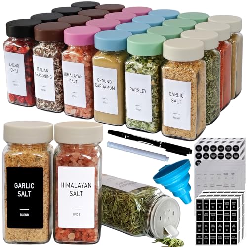 Spice Jars with Labels - 24 Glass Spice with Shaker Lids & Airtight Plastic Caps - 4oz Complete Seasoning Containers Organizer Set for Cabinet, Drawer & Rack (Beige) - color: Beige