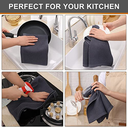 Kitinjoy 100% Cotton Waffle Weave Kitchen Towels, 4-Pack Super Soft and Absorbent Dish Towels for Drying Dishes, Kitchen Hand Towels, 13 in x 28 in, Dark Grey | Super Soft, Ultra-Absorbent, Fast Drying, lightweight, Quick Drying Kitchen Hand Towels - colo