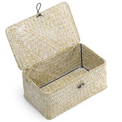 Nonam Small Basket with Lid, Natural Seagrass Bin with Lid, Shelf Baskets Multipurpose Container for Boho Decoration, Rectangular Household Storage Boxes for Home Organization-White - color: S-White