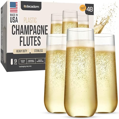 DECADORN Stemless Plastic Champagne Flutes, 48 Pack, 9 oz, Made in USA | Clear BPA-Free Glasses with Smooth Rims, Shatterproof & Recyclable, Durable Mimosa Glasses for Parties & Events - size: 48 Pack