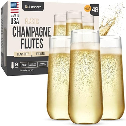 DECADORN Stemless Plastic Champagne Flutes, 48 Pack, 9 oz, Made in USA | Clear BPA-Free Glasses with Smooth Rims, Shatterproof & Recyclable, Durable Mimosa Glasses for Parties & Events - size: 48 Pack