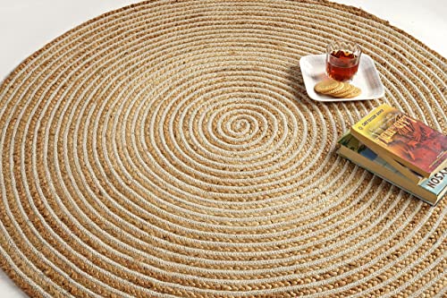 GRUHUM Jute Cotton Area Rug 8 ft Round Natural Handwoven Braided Rug Large | Boho Soft Rustic Beige Vintage Reversible Low Pile Kid Pet Eco-Friendly Indoor Bedroom Living Room Hallway high Traffic Use - color: Natural- 13, size: 8' (Round)