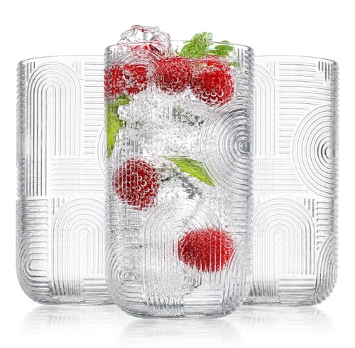 Highball Glasses Set of 8, 14 oz Embossed Drinking Glasses, Vintage Art Deco Ribbed Glass Tumblers, Textured Water, Juice & Cocktail Glasses, Clear Everyday Glassware - color: Clear, size: 17 Ounces S/8