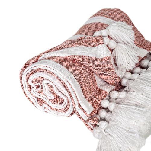 HomeRoots 50" X 60" Rust Woven Cotton Striped Throw Blanket with Tassels
