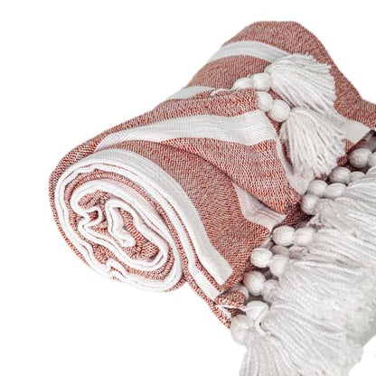HomeRoots 50" X 60" Rust Woven Cotton Striped Throw Blanket with Tassels