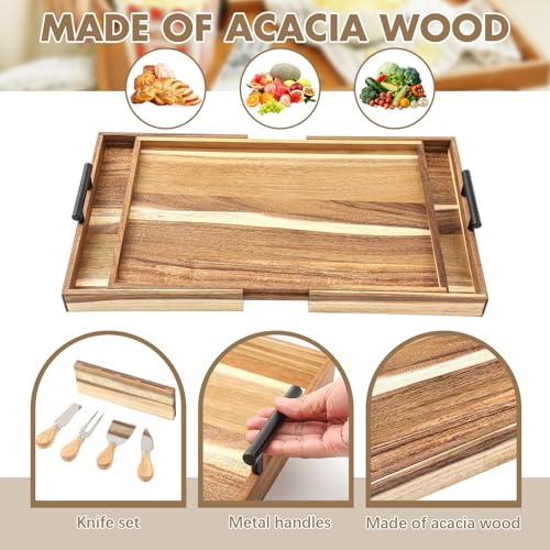 Lounsweer Acacia Large Charcuterie Board with Handles and Knife Set Expandable 18.5 to 32 Inch XL Wood Serving Tray Long Cheese Platter for Party Gatherings Entertaining House Gift(Double-Side Pull) - size: 18.5 to 32 Inch