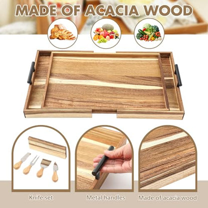 Lounsweer Acacia Large Charcuterie Board with Handles and Knife Set Expandable 18.5 to 32 Inch XL Wood Serving Tray Long Cheese Platter for Party Gatherings Entertaining House Gift(Double-Side Pull) - size: 18.5 to 32 Inch