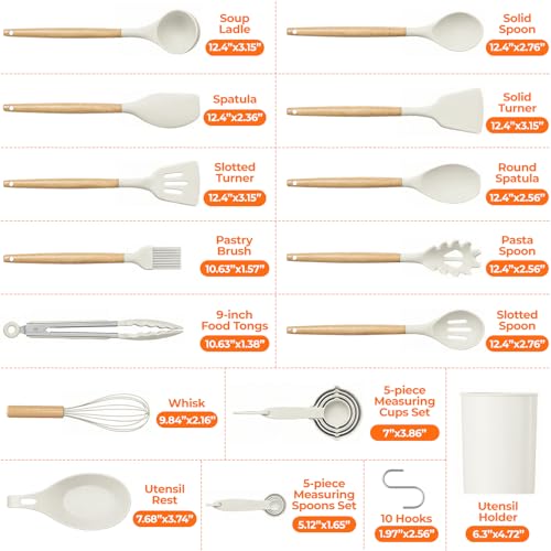 33Pcs Kitchen Utensils Set Silicone Cooking Utensils Set with Wooden Handle | Heat-Resistant, Dishwasher Safe, BPA-Free Silicone Kitchen Utensil Set with Wooden Handles & Holder for Nonstick Cookware - color: White