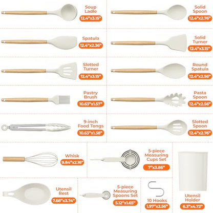 33Pcs Kitchen Utensils Set Silicone Cooking Utensils Set with Wooden Handle | Heat-Resistant, Dishwasher Safe, BPA-Free Silicone Kitchen Utensil Set with Wooden Handles & Holder for Nonstick Cookware - color: White