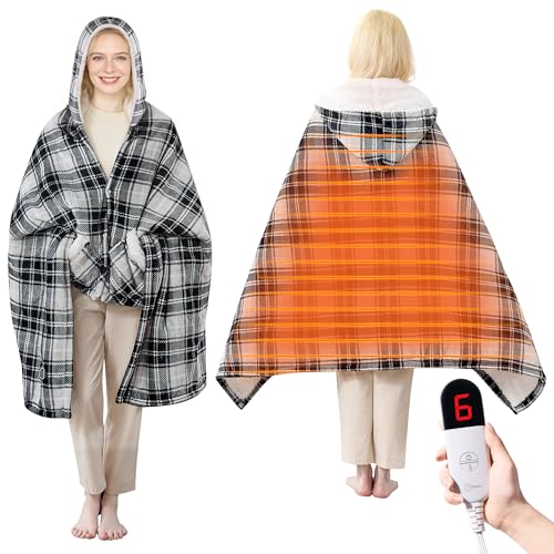 Electric Blanket Wearable Heated Shawl with Hood & Pockets, 40"x70" | 6 Heat Levels, 4H Auto-Off, Reversible Flannel & Sherpa, Cozy Plaid Heated Throw for Home, Couch, or Women Mom Wife Gift - color: Grey, size: Short