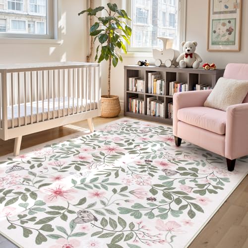 Lahome 8x10 Pink Floral Rug for Nursery Girls Room, 8x10 Washable Playr Rug | Boho Pink Home Decor, Non-Slip Carpet for Playroom Toddler Retreat Apartment Living Room - color: Pink Floral, size: 8' x 10' (Rectangular)