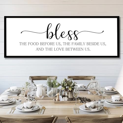 Rutiyoka Bless the Food Before Us Sign Framed Farmhouse Dining Room Wall Decor Large 42"×15" Wood Kitchen Wall Art Black - color: bless the food (black frame)