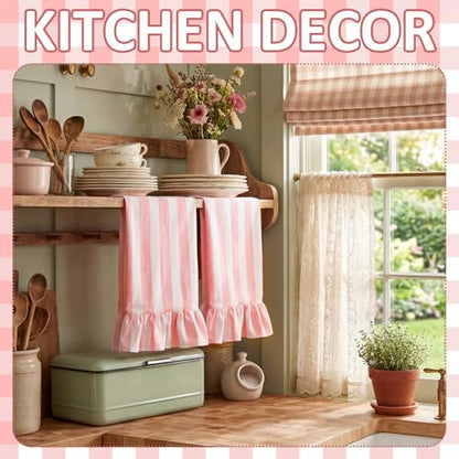 Pink Striped Kitchen Towels Set of 2, 100% Cotton Ruffled Striped Dish Towels 18"x31" Absorbent Tea Cloths Classic Pattern for Farmhouse Charm, Drying Dishes, Entertaining Guests - color: Pink