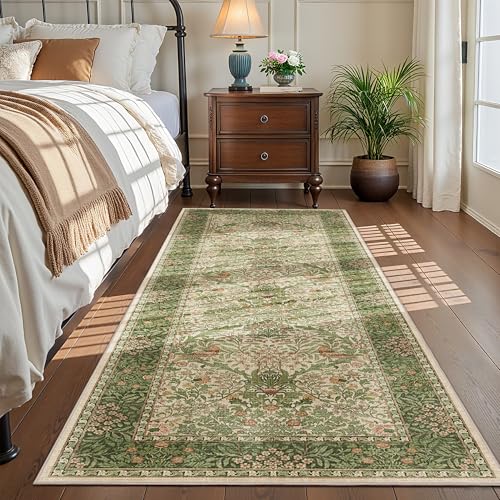 2'6"x8' Washable Runner Rug Non-Slip Area Rug for Hallway Pink Green | Soft Low-Pile Throw Carpet,Distressed Botanical Birds Entry Rug,Stain-Resistant Kitchen Rug for Bedroom Bathroom Dining Room - color: Pink Green (Larger Pattern), size: 2.6' x 8' (Runn