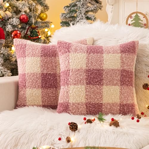 AQOTHES Purple Plaid Christmas Throw Pillow Covers 18x18 Inch Set of 2 | Boucle Decorative Pillow Covers, Xmas Cozy Fluffy Home Farmhouse Decor, for Living Room Farmhouse Sofa Couch Bed, Pillow Case - color: Purple White, size: 18" x 18" (Pack of 2)