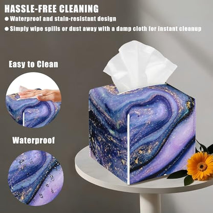Purple and Gold Marble Tissue Box Cover Square, Abstract Art Tissue Box Holder with Bottom Belt Leather Facial Paper Organizer Dispenser for Bathroom Bedroom Dresser Night Stand Tabletop - color: Purple and Gold Marble