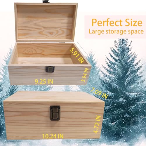 Large Unfinished Wooden Storage Box with Lid & Latch, 2-Pack | Pine Wood Craft Boxes with Bonus Small Box for DIY Crafts & Gifts