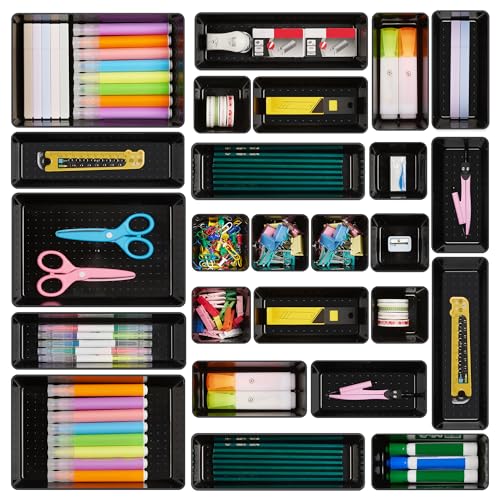 Vtopmart 25 Pack Plastic Drawer Organizers with Non-slip Rubber Pads | 4-Size Versatile Makeup Organizer, Storage Containers Small Bins for Makeup, Jewelries, Bedroom, Kitchen Utensils and Office - color: Black