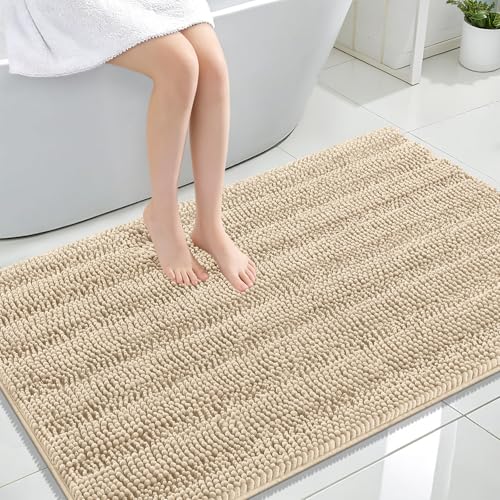 OLANLY Thick Large Bathroom Rugs 47x32, Soft Chenille Bath Rugs, Beige | Absorbent Striped, Rubber Backing, Machine Wash Dry, Bath Mats for Bathroom Floor, Tub and Shower, Home Decor Accessories - color: Beige, size: 47" X 32"
