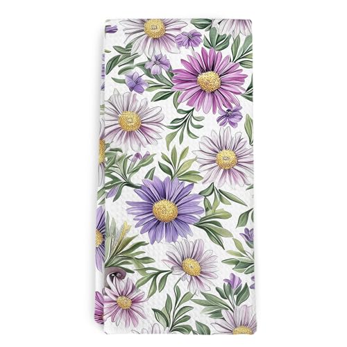 Purple Floral Aster Kitchen Towel and Dish Towel, Aesthetic Flower Decor Hand Towels, Mom Birthday Gifts, September Birth Month Flower Decorative Hand Dish Tea Towels for Bathroom, 16x24 in - color: Purple Floral