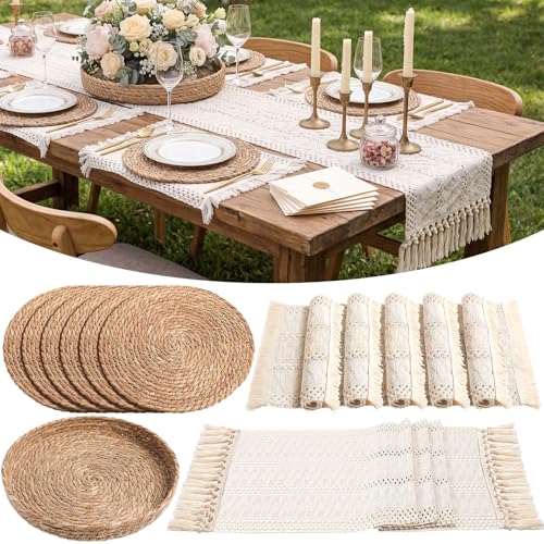 Boho Placemats 4/6/8 Set of Round Woven Placemat Macrame Style Bicolor Stitching Long Table Runner Farmhouse Rustic Natural Burlap Cotton for Kitchen Dining Table(6 Sets,Beige,12x72) - color: Beige, size: 12x72"