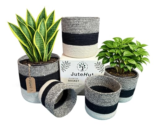 Planter Basket Set – 5-Piece Handwoven Jute Planter Basket for Home Decor, Nursery, or Indoor Plants (5'' to 8'' Diameter, 4.75'' to 7.75'' Height) – Wrinkle Free - Gray, Black & Natural Stripe - color: Gray Top With Black Stripe & Natural Base