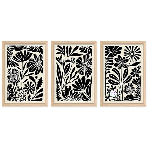 Black Abstract Floral Wall Art 11x16 3pc, Boho Flower Prints Framed Decor | Natural Wood Frame With Vintage Retro Style. Black floral Artwork for Living Room, Bedroom, Office, or Bathroom. - color: Abstract Floral Botanical (Wood), size: 16"L x 11"W
